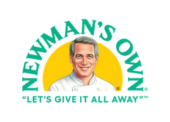 Newman’s Own yellow sunburst logo with Paul Newman, 100% profits to charity since 1982