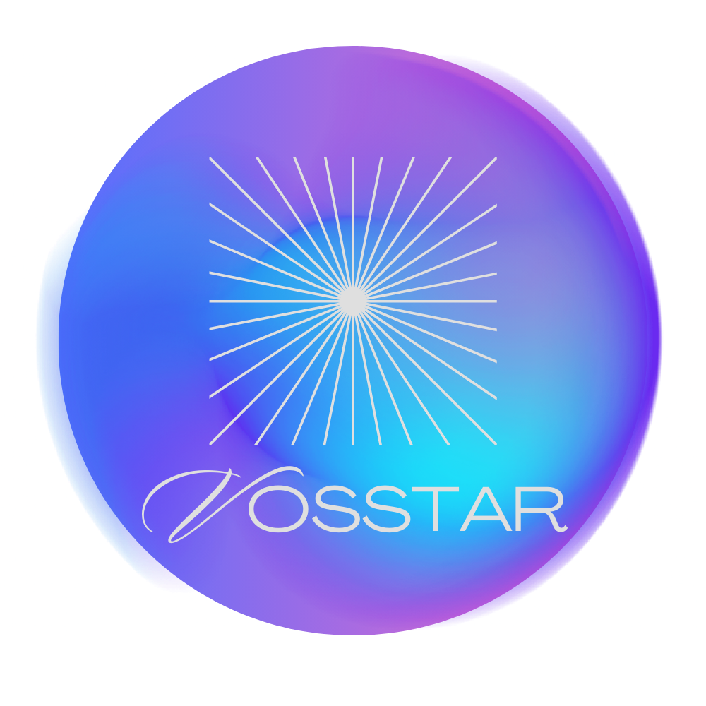Vosstar official logo: glowing white radiant starburst inside a soft purple-to-blue gradient orb on black background, representing inspiration and positive impact
